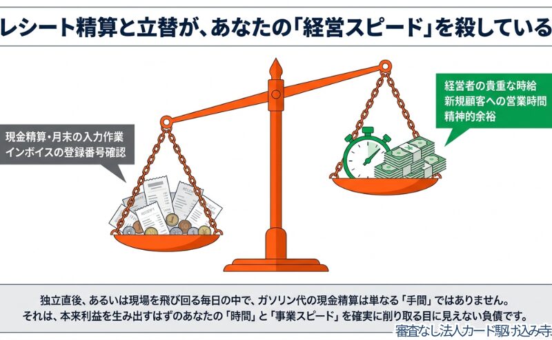 現金精算や月末の入力作業が、経営者の貴重な時給や営業時間を削り取る「見えない負債」であることを示すイラスト。