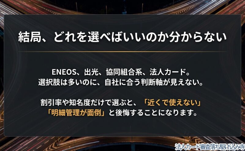 ENEOS、出光、協同組合系、法人カードなど選択肢が多く、判断軸が見えない悩みを整理した図。