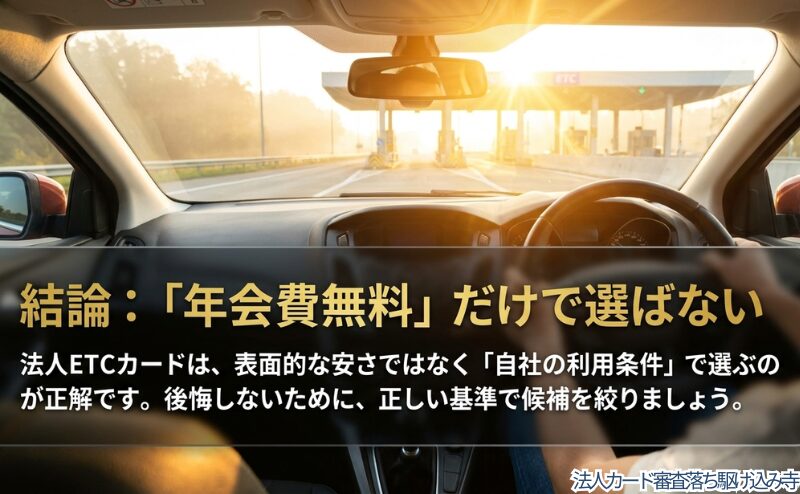 法人ETCカードは表面的な安さだけでなく、自社の利用条件で選ぶことが重要だと示した図。