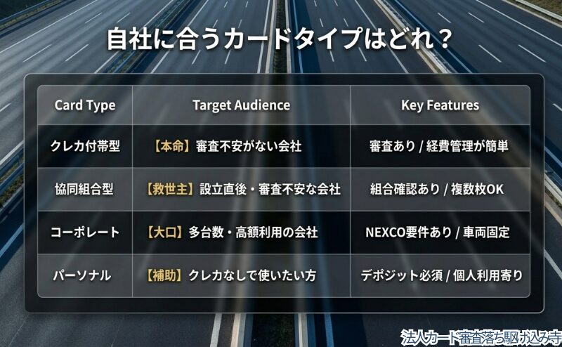 法人カード付帯型、協同組合型、ETCパーソナルカード、ETCコーポレートカードの特徴と向いている人を整理した図。