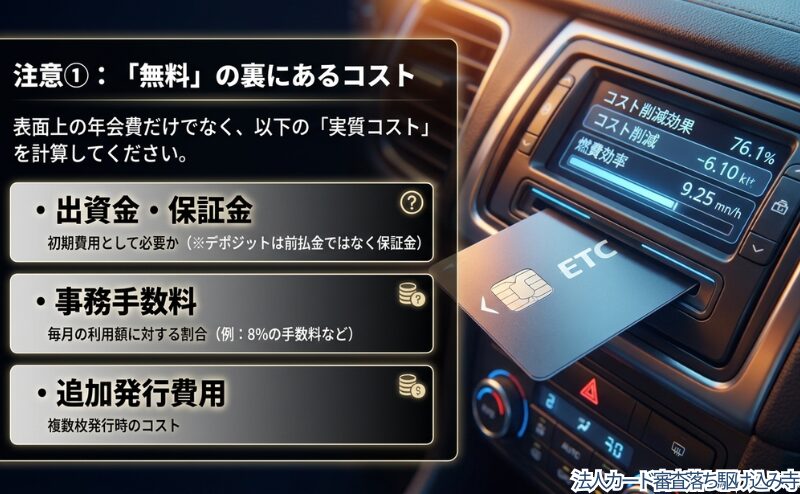 法人ETCカードの費用を見る際に、出資金、保証金、事務手数料、追加発行費用を確認する重要性を整理した図。
