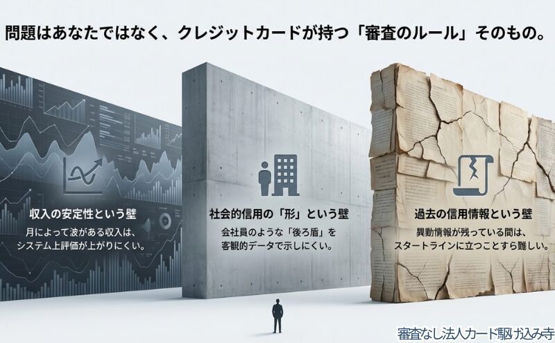 個人の前に立ちはだかる高いコンクリートの壁。収入の安定性、社会的信用、過去の信用情報という3つの審査基準を表現