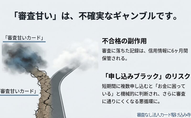 「審査甘い」という言葉の裏にあるギャンブル性と、信用情報機関への記録、申し込みブラックのリスクを解説した図