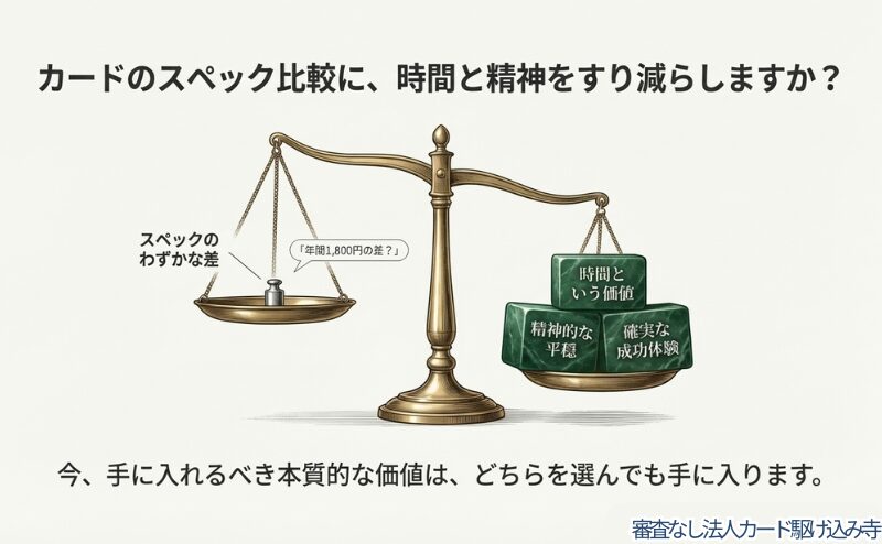 天秤のイラスト。左側には「スペックのわずかな差」、右側には重みのある「時間」「精神的な平穏」「確実な成功体験」が乗っている