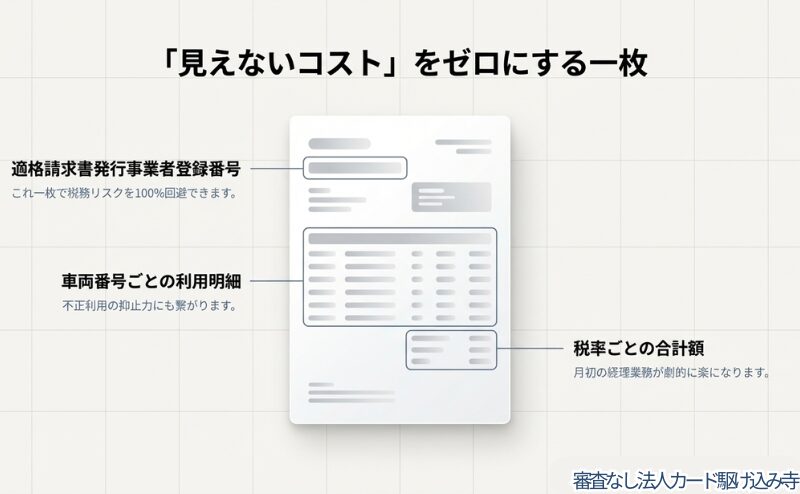 適格請求書発行事業者登録番号の記載、車両ごとの明細、税率ごとの合計額により、見えないコストをゼロにするという解説図