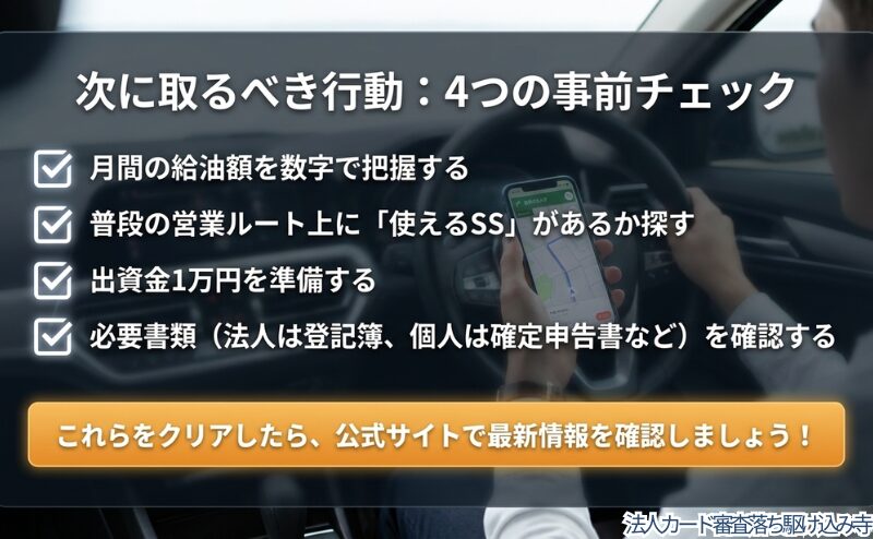 月間給油額、普段の営業ルート上で使えるSS、出資金、必要書類を確認する流れを整理した図。