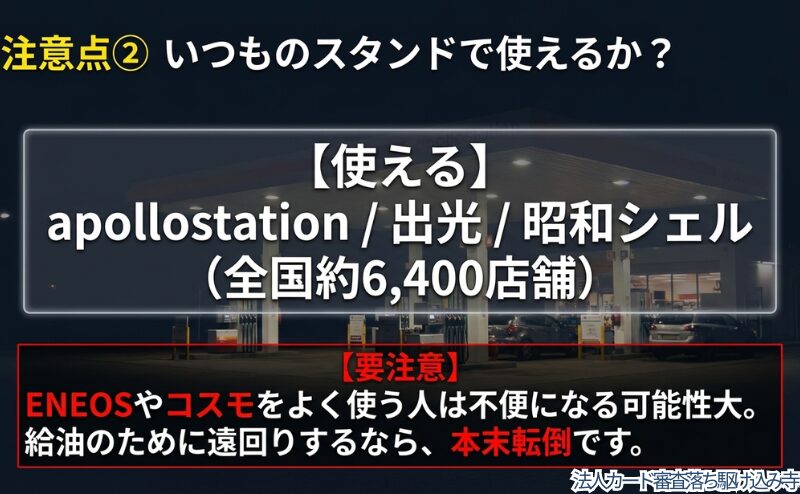 apollostation、出光、昭和シェルで使える一方、ENEOSやコスモ利用者は不便になる可能性を示した図。
