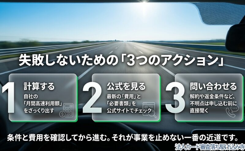 月間高速利用額を計算し、公式費用を確認し、不明点を問い合わせる3つの行動をまとめた図。