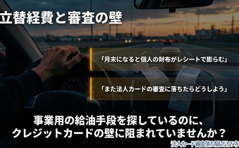 月末のレシート精算や法人カード審査への不安を示し、事業用の給油手段を探す読者の悩みを整理した図。