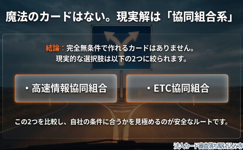 完全無条件で作れるカードではなく、高速情報協同組合とETC協同組合を現実的な候補として比較する考え方をまとめた図。