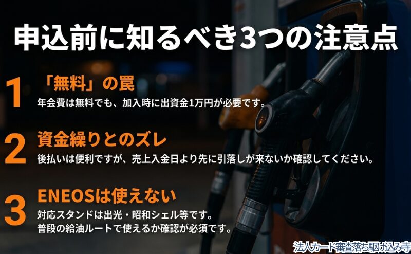 年会費無料の見落とし、後払いと資金繰りのズレ、ENEOS対応の確認など、申込前の注意点を整理した図。