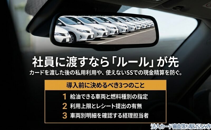 社員にガソリンカードを渡す前に、給油できる車両、利用上限、確認担当者を決める必要性を整理した図。