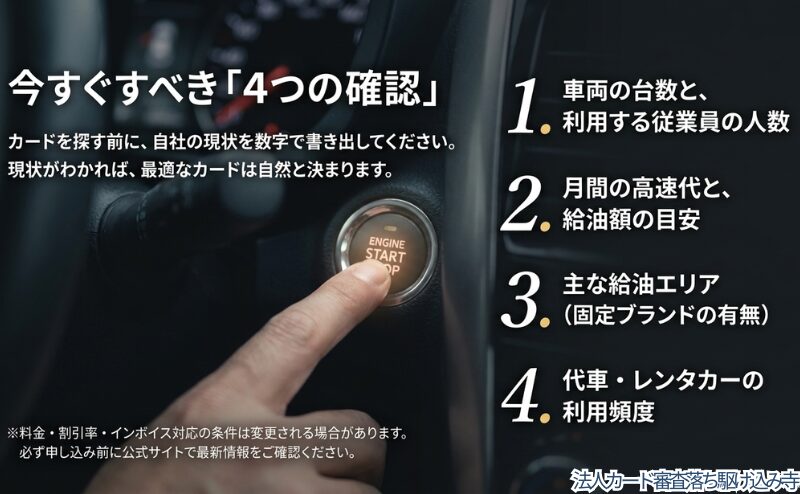 車両台数、月間の高速代と給油額、主な給油エリア、代車やレンタカーの利用頻度を整理する重要性をまとめた図。