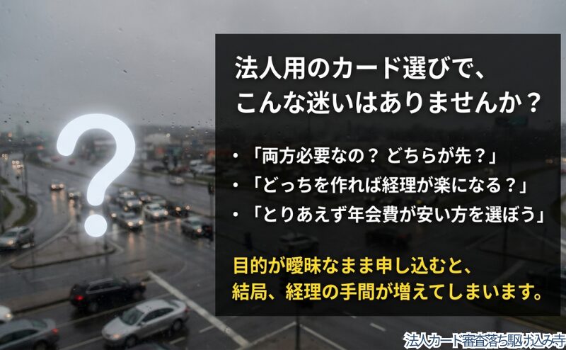 法人用カード選びで「両方必要か」「どちらを先に作るか」「年会費だけで選んでよいか」という迷いを整理した図。