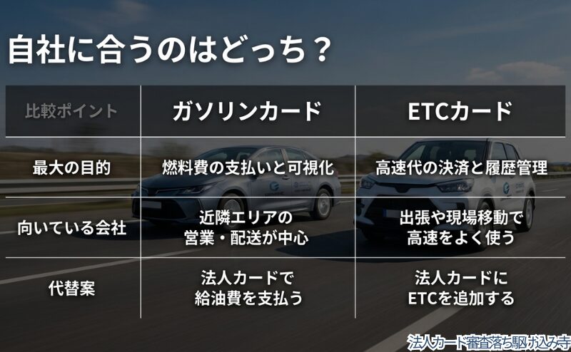 ガソリンカードとETCカードについて、主な目的、向いている会社、代替案を比較し、自社に合うカードを判断するための図。